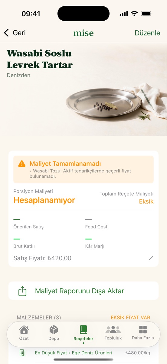Mise reçete ekranı: Maliyet Tamamlanamadı uyarısı, porsiyon maliyeti Hesaplanamıyor, food cost ve kâr marjı boş.