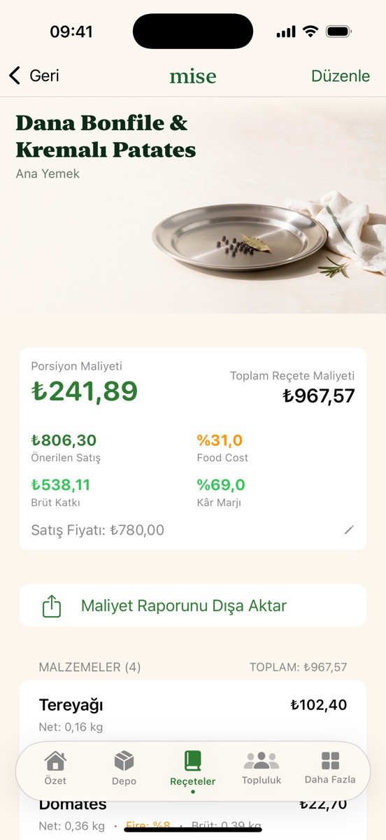 Mise reçete ekranı: Dana Bonfile & Kremalı Patates, porsiyon maliyeti ₺241,89, toplam reçete ₺967,57, food cost %31,0.