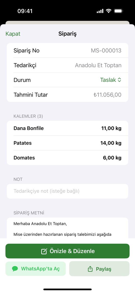 Mise Sipariş Önizleme: kalemler, not ve gönderilecek metin.